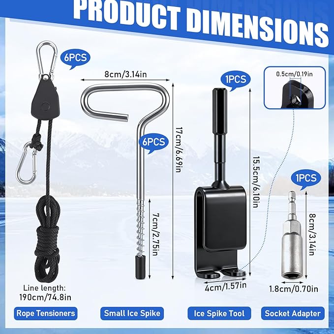 TOBWOLF Ice Anchor Tool Kit, Premium Ice Fishing Anchor Tool with Socket Adapter, Ice Fishing Tent Stakes, Drill Adapter, Rope Tensioners, Ideal for Ice Fishing Enthusiasts to Set Up Shelter Tent