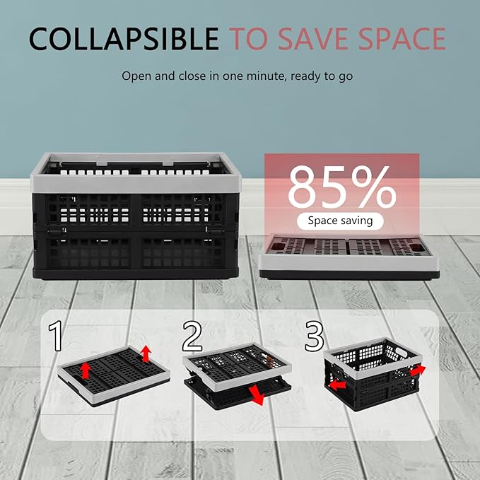 Pack of 3 Small Collapsible Storage Crates, 16 L Black Plastic Milk Crates