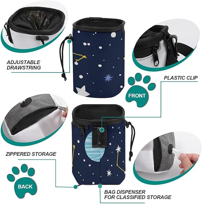Fashion Dog Training Package, Portable Travel Pet Carrier Bag, Puppy Snack Pocket with Adjustable Waist Belt 3 Ways to Wear Blue Zodiac Galaxy Starry Night Stars Glow in The Dark Midnight
