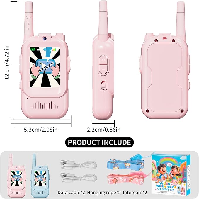 Walkie Talkie for Kids with Video: 2 Pack Rechargeable Toddler Toys with HD Camera & Voice Changer, Long Range Gift Toys for Boy & Girl Age 3-8 for Outdoor Play, Camping (Pink-Blue)