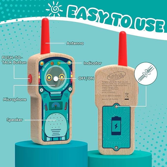 Robot Walkie Talkie for Kids, 2 Pack Wooden Handheld Walkie-Talkie for Boys and Girls Ages 3-12 Hiking Camping, 1000FT Long Range with 2 Way Radio, Indoor and Outdoor Toys for Birthday Xmas