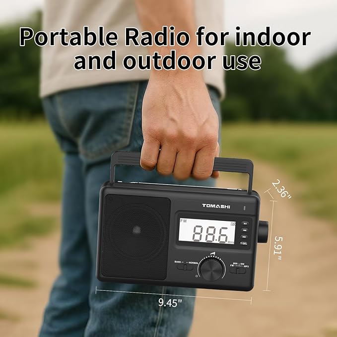 Portable AM/FM/SW 3 Band Radio, AM FM Radio with Clock, Battery Operated, Micro SD/USB for MP3/WMA Playback, LCD Display, ATS Function