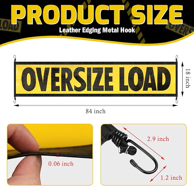2 Pack Oversize Load Signs for Trucks, 18" x 84" Wide Load Heavy Duty Mesh Flags Banner with Bungee Cord & Hook, Oversized Load Sign Warning Flatbed Trailer for Escort Vehicles, Car, Yellow and Black