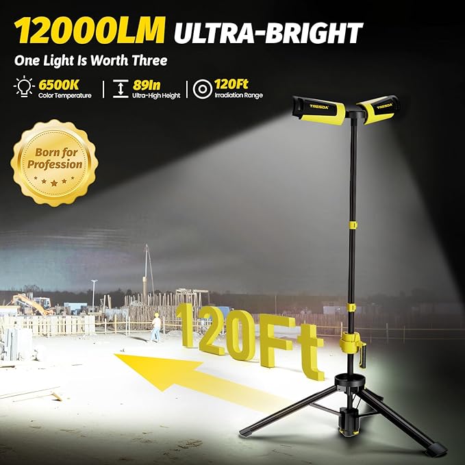 Dual-Head LED Work Light with Stand, 2025 Pro+ 12000LM Corded or Battery Rechargeable Telescopic Tripod Worklights, Portable Construction Flood Light for Job Site Workshop Garage ﻿