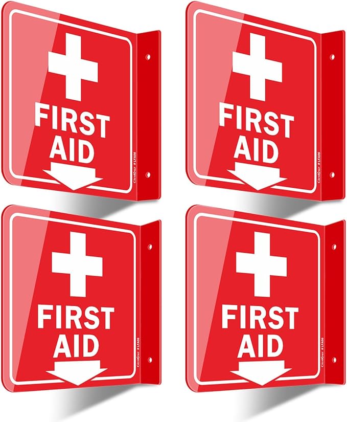GicnKeuz First Aid Sign, 6" x 6" First Aid with Cross Symbol, Two-Sided Acrylic L-Sign for Business or Office or Wall Décor, Including Screws, Easy to Install (4 Pack)