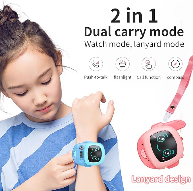 Walkie Talkie Kid's Watches，Toys for Boys Girls Aged 3 to 12 Years Old for Outdoor Adventure, Camping,and Birthday Gifts（with Wearable/Lanyard/Handheld ，2 Pack，3280 ft Talk Range）