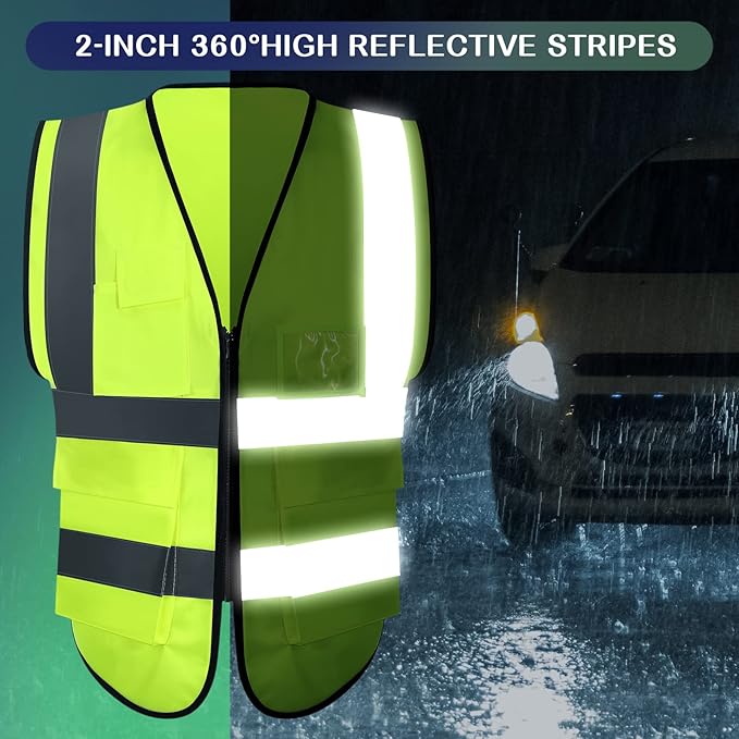 JaGely 15 Pack Reflective Safety Vests with Pockets and Zipper Construction Work High Visibility Vest for Men Women(X-Large,Fluorescent Green)
