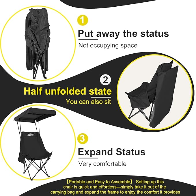 YOUNG WOOD Camping Chair with Shade Canopy, Beach Chair, Portable Fold Lightweight Oversized for All, Easy to Open and Close Without Installation, Side Pocket Design for All Outdoor Activities