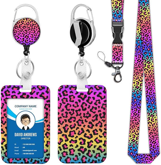 Rainbow Leopard Print Badge Holder Lanyard ID Card Holders Detachable Name Tag Clips Cute Funny Nurse Teacher Office Gifts Women Man Cate Badge Holder (Leopard Print)