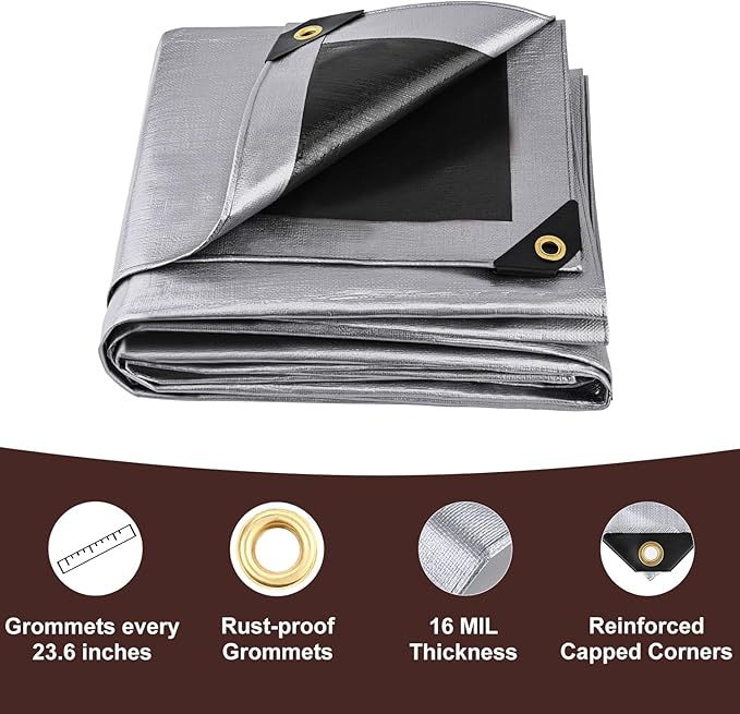 Tarp 12x16FT, Extra Thick 16Mil Heavy Duty Waterproof Tarps with Brass Grommets and Reinforced Edges, Tear & Fade Resistant, 100% UV Blocking Outdoor Tarp for Roof Camping Pool Boat (Silver/Black)