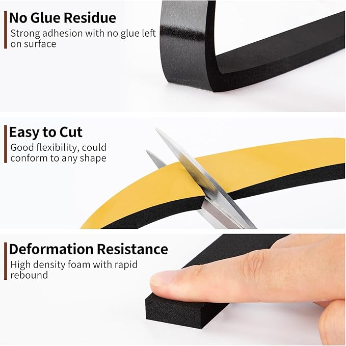 Yotache Foam Strips with Adhesive 2 Rolls 1" W X 3/8" T, (New Adhesive Craft) Black Foam Insulation Weather Stripping Door Seal Tape, 13 Ft Length (2 X 6.5 Ft Each)