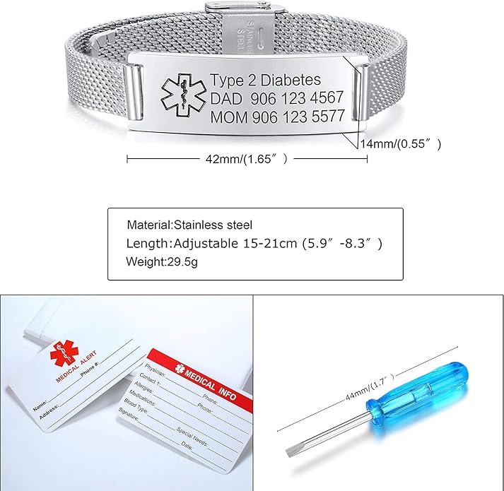 VNOX Medical Alert Bracelets for Men & Women Kids with Free Engraving Adjustable Stainless Steel Mesh Emergency Medical ID Bracelets Wristband
