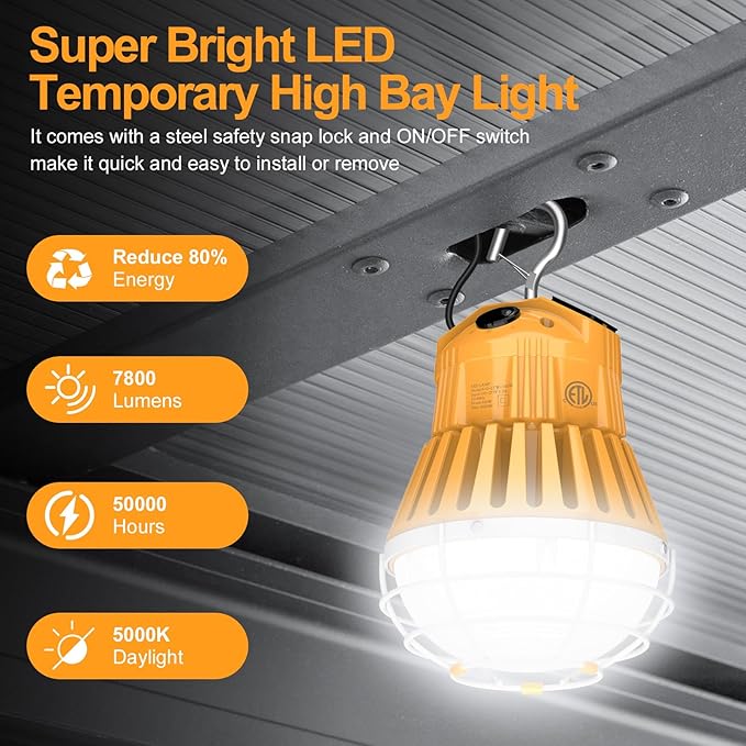 60W/48W/36W Construction LED Work Light 7800LM 5000K Daylight Linkable Portable Jobsite Light for Garage Bench Shop, Hanging Large Area Work Light Input 100~277VAC, Plug in Temp