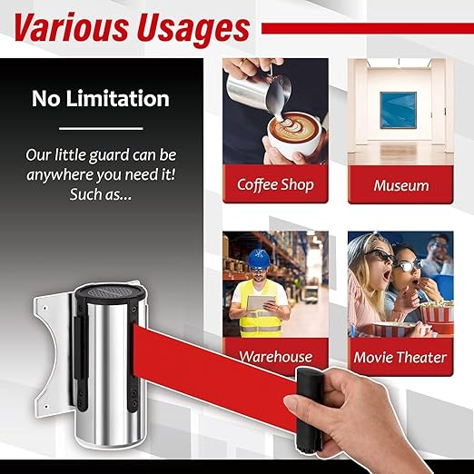 DuraSteel Wall Mount Crowd Control Retractable Belt Barrier - 9.2 Ft Red Retractables Barrier Belt w/Stainless Steel Casing - Do Not Enter Crowd Control Barriers NOT Stanchions with Retractable Belts