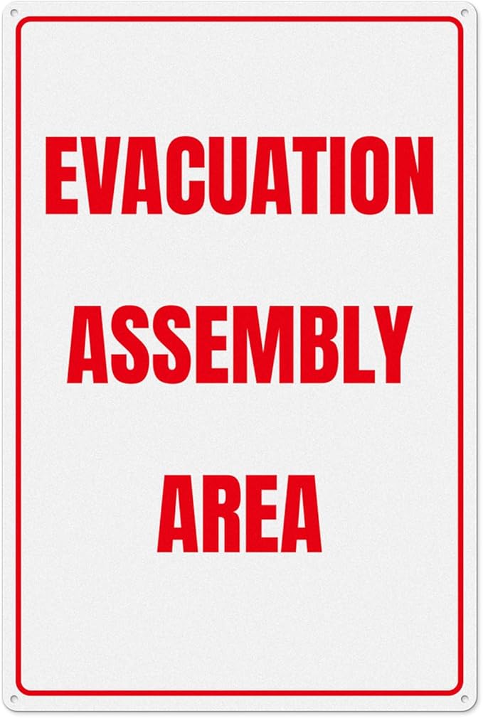 Evacuation Assembly Area Sign 12 × 18 Inches Pre-Drilled Holes Waterproof Signage Aluminum Metal Reflective Warning Notice for Business Factory Warehouse