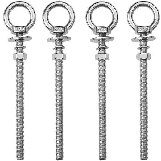 4 Pack M10 Stainless Steel Eye Bolts with Nuts, 3/8" x 6" Long Lifting Ring Eye Bolt， Eye Bolts Heavy Duty for Hang Tie Down Outdoor (4, M10x153mm (3/8"x6"))