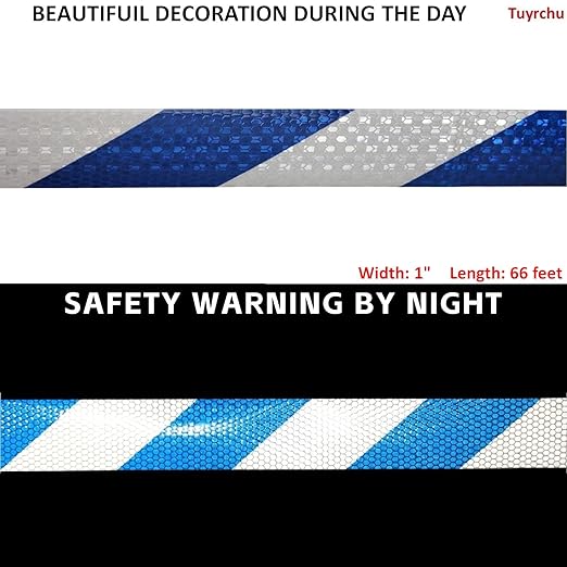Blue White Reflective Tape 1 inch Wide for Trailer, Outdoor Waterproof High Visibility Safety Warning Adhesive Strips (66 feet)