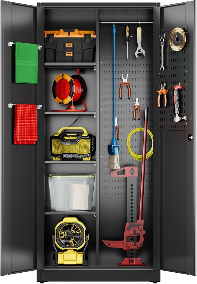 SUXXAN Broom Closet Storage Cabinet 71.4"x 33.9"x16.9", Metal Cleaning Cabinets with Hooks and Hanging Rods, Lockable Cabinet with Pegboard, Adjustable Shelf,for Garage, Laundry Room