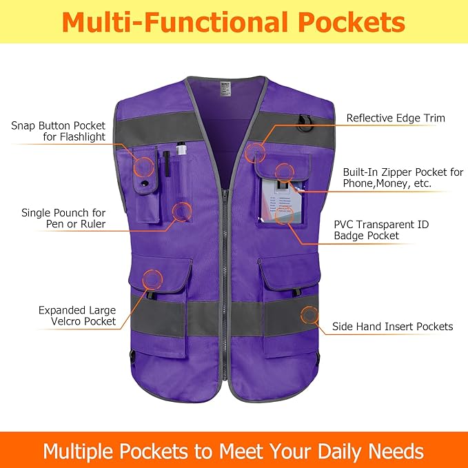TCCFCCT Hi Vis Vest, 9 Pockets High Visibility Reflective Safety Vest for Men Women, Safety Construction Vest with Reinforced Sewing, Durable to Use, Meets ANSI/ISEA Standards, (Purple, Small)