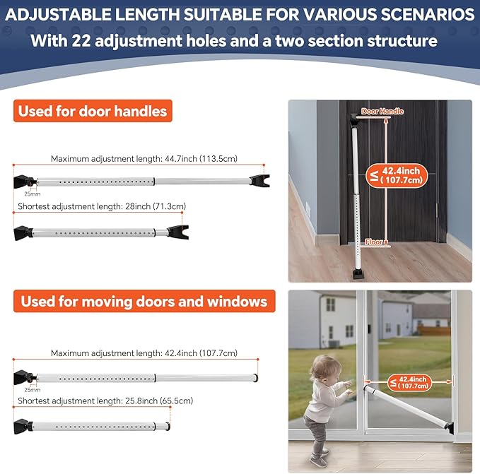 ToBeGreat Adjustable Door Security Bar 25-45 Inch Upgraded Sliding Patio Bar,Heavy Duty Door Lock Security Door Jammer Door Stoppers, Portable Travel Security for Hotel, Screen Door Hardware Durable