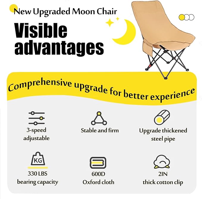 Outdoor Folding Camping Chairs 2 Pack，3-Stage Adjustable High Back Chair – Supports 660 lbs，Comfortable Thickened Sponge Cushion 600D Oxford Fabric Portable with Storage Bag & Side Pocket (Beige)