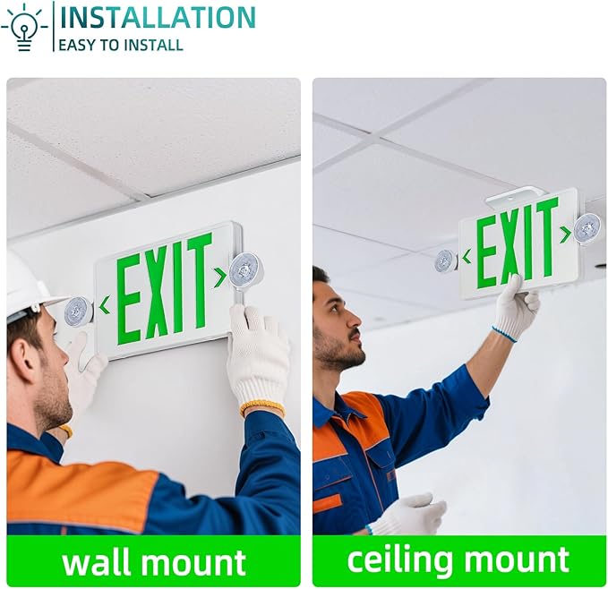 Exit Sign with Emergency Light, Ultra Slim, Green LED Exit Light, Exit Signs With Battery Backup, 2 Adjustable Emergency Lighting, Hardwired 120V/277VAC, UL-Listed, 2 Pack