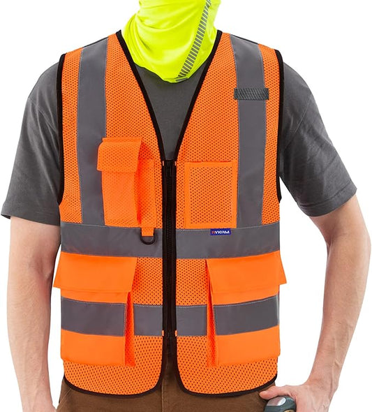 A-SAFETY High Visibility Mesh Safety Reflective Vest with Pockets and Zipper,Hi Vis Viz Reflective Safety Vest(Orange Mesh M)