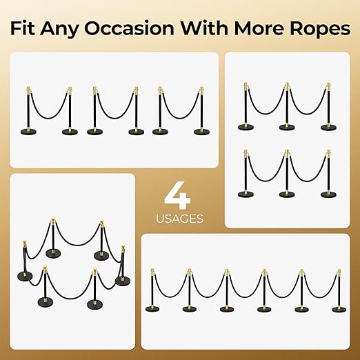 6pcs Sturdy Stanchion Posts, 6pcs High Quality Black Velvet Ropes, Water/Sand/Concrete Fillable Leakproof Base, Crowd Control Barriers for Birthday, Prom, Business, Wedding, Red Carpet