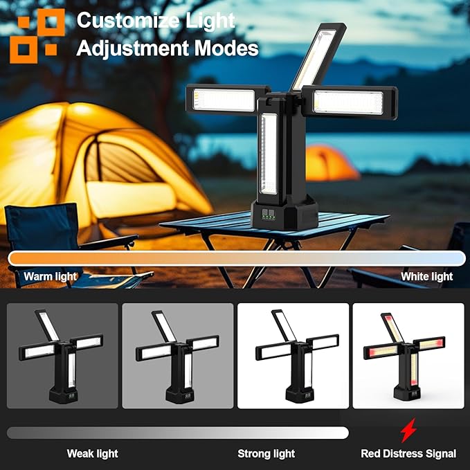 13200mAh Rechargeable Solar Work Light with Remote and Portable Carrying Bag, 8000 Lumen Stepless Dimmable, 4 Lighting Modes, White/Warm/Nature/SOS for Outdoor Camping Car Work Emergency Light