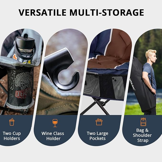 Oversized Folding Camping Chair for Adults Heavy Duty Padded Outdoor Chairs Big and Tall XL Picnic Chair with Cup Holders 400lb Capacity, Comfy for Lawn Sports and Outside Use