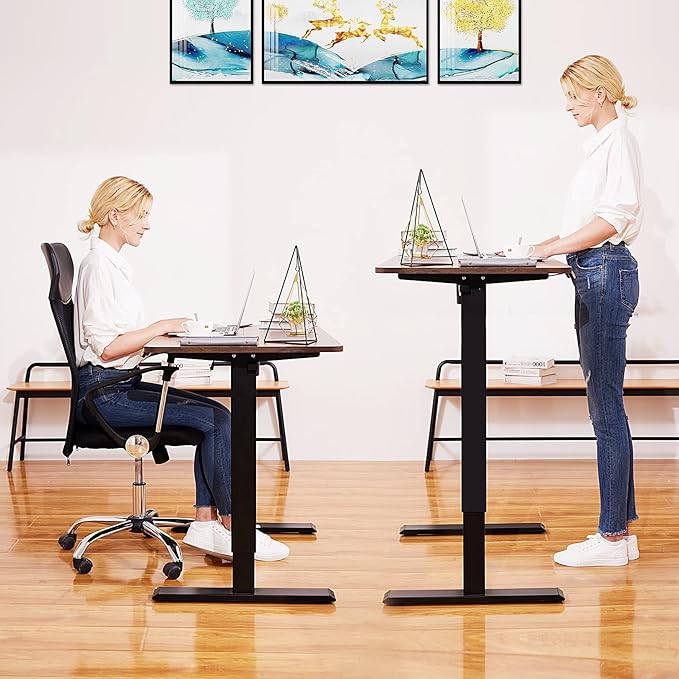 Electric Adjustable Height Standing Desk, 55×24 Inches Sit Stand Desk with Power Socket, 2 USB Ports, 3 Power Outlets, 4 Wheels,4 Memory Buttons Home Office Computer Workstations (Brown)