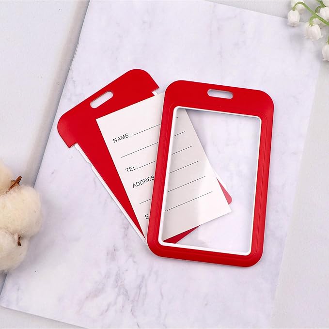 2-Pack Red Card Holder Set, Clear Plastic ID Badge Holder, Top Slot for Lanyard & Keychain, Reusable PVC Card Sleeve for Work Office School Access Card