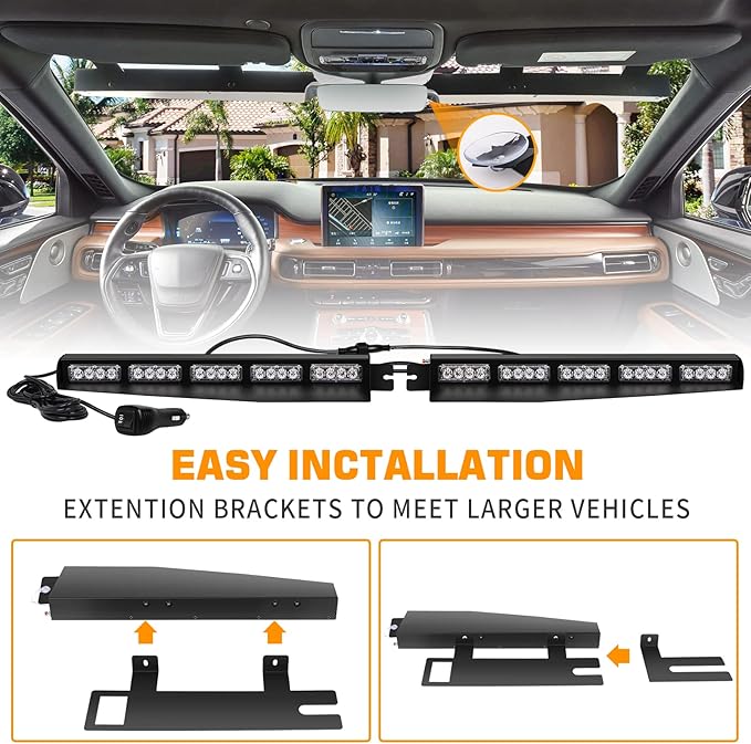 XRIDONSEN 34 inch Red Visor Emergency Light Bar Interior Windshield Strobe Lights 40 LED Warning Safety Flashing Hazard Light w/White Take Down for firefighter Police Vehicles POV Fire Trucks