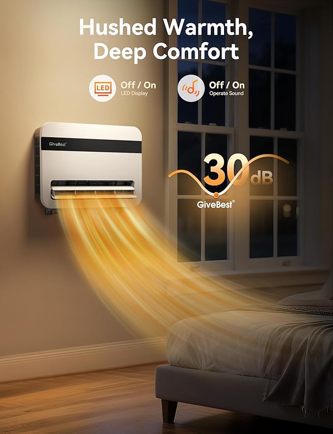 Givebest-Wall-Heater-for-Indoor-Use, 1500W Electric-Space-Heater, 120°Vertical Oscillation,Compatible with Alexa, Adjustable Thermostat, Remote Control, 24H Timer, Easy-mounted Heater for Indoor Use