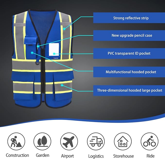 AYKRM Security Vest for Men Women 7 Pockets High Visibility Reflective Safety Vest Front Zipper Meets ANSI/ISEA