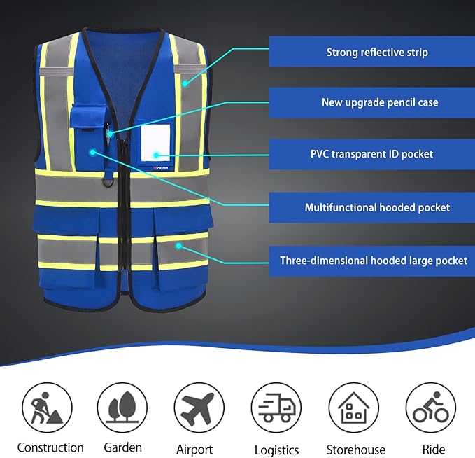 AYKRM Security Vest for Men Women 7 Pockets High Visibility Reflective Safety Vest Front Zipper Meets ANSI/ISEA
