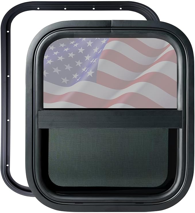 14"x16" RV Window - Vertical Sliding Teardrop Style, DOT-Certified Tempered Glass & Trim Set, Aluminum Alloy Frame w/Mesh Screen