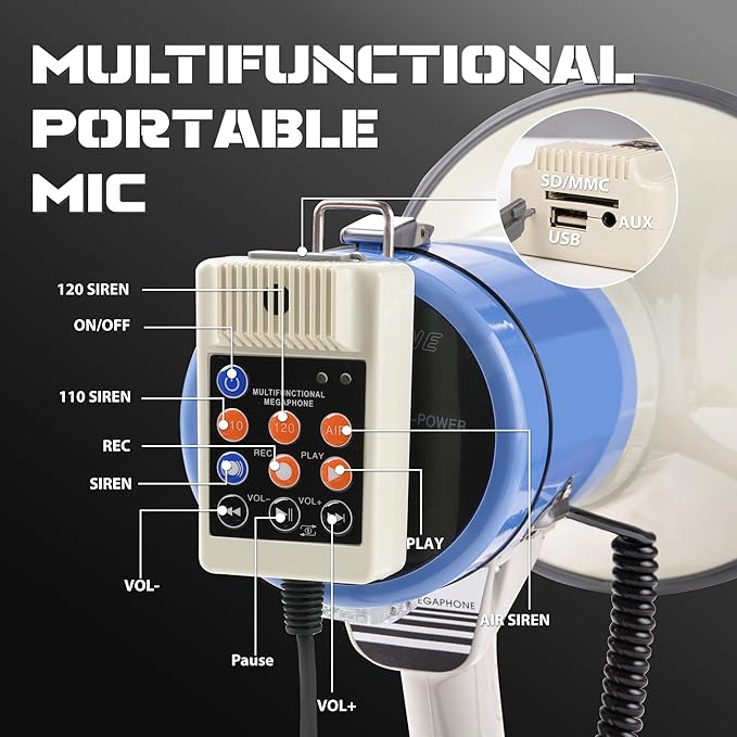 MyMealivos Bluetooth Megaphone with Siren Bullhorn 50 Watt Bullhorn Speaker with Detachable Microphone, Portable Lightweight Strap & 3.5mm Aux Input