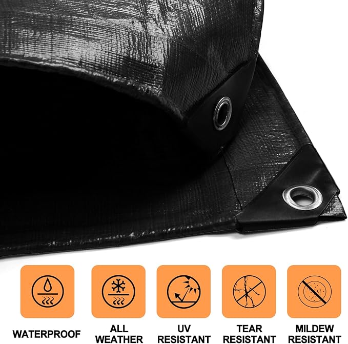Tarp Heay Duty Waterproof 12x18ft,Black Tarp Cover Plastic Poly Tarpaulin for Outdoor Cover,Emergency Rain,Roof, Pool, Boat,Camping - Multipurpose with 12Mil Thickness