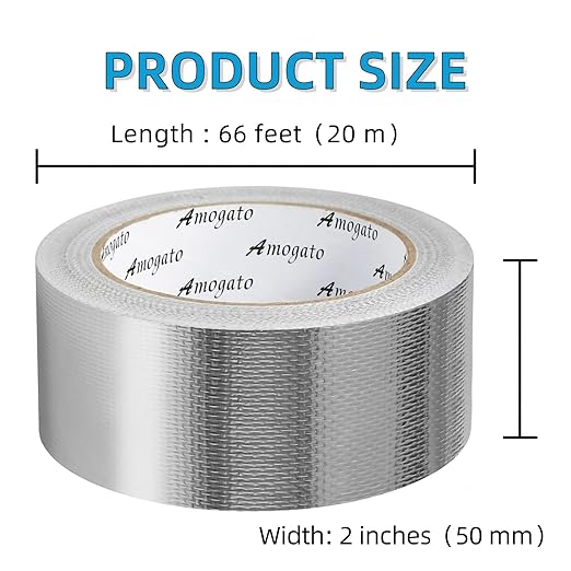 Fiberglass Aluminum Foil Tape 2 inch x 66 Feet - High Heat Resistant (500°F) for Exhaust Pipe Repair, Muffler, Automotive & HVAC Duct Sealing - Heavy Duty, Flame Retardant, Easy Tear