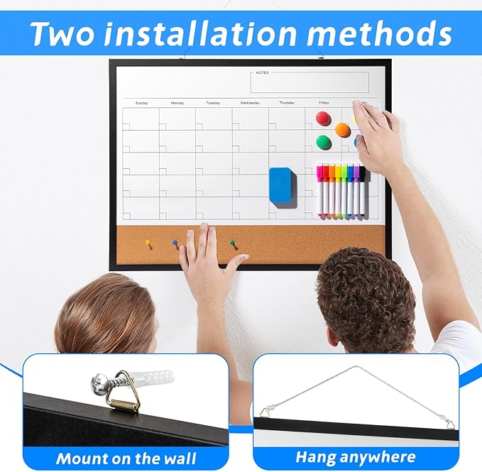 Dry Erase Calendar Whiteboard, 24" x 18" Magnetic Whiteboard Cork Board Combo, Reusable Monthly Planner with 8 Markers, Eraser, Magnets and Pushpins, Hanging Dry Erase Board for Home, School - Black