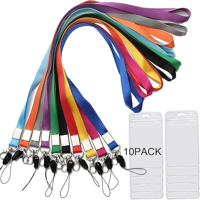 YOUOWO Lanyard with Badge Holders 10 Pack 10 Colours Neck Office Lanyards for Key Kids ID Name Badge USB Stick Whistles,Grey Purple Black Blue Green Orange
