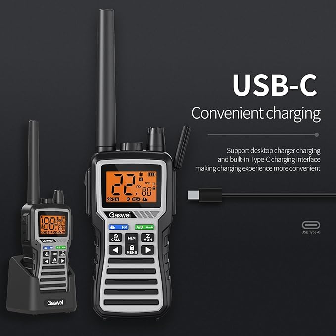 GU1 Long Range Rechargeable Two Way Radios for Adults, GMRS Walkie Talkies with NOAA Weather Alert & Flashlight, 60 Channels, VOX, FM Radio, for Job Site, Construction, Hiking, Camping