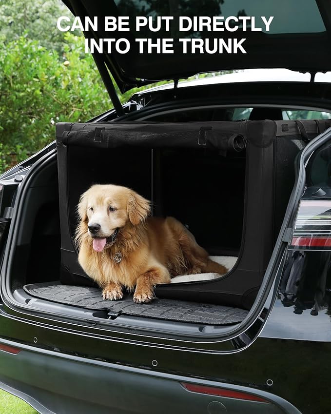 42-Inch Collapsible Travel Dog Crate, Portable 4-Door Soft Kennel for Medium to Large Dogs, Chew-Proof Mesh Windows, Indoor/Outdoor Use, Foldable, with Storage Bag (Black)