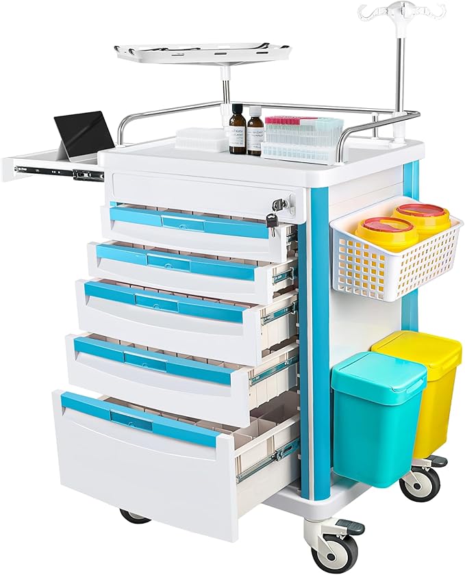 Medical Medical Rolling Crash Cart with CPR Board, IV Pole, O₂ Holder, 5 Drawers & Dividers, Mobile Emergency Cart for Hospital Clinic, 24.4" W x 18.5" D x 36.2" H (with 5 Drawers)