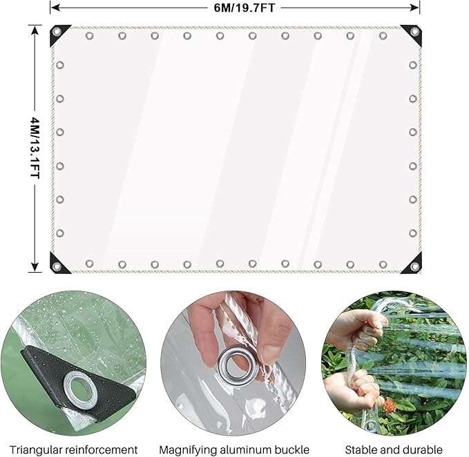 Clear Tarps Heavy Duty Waterproof, Transparent PVC Vinyl Tarpaulin with Grommets, Ropes, Reinforced Edge, Tear-Resistant, Anti-UV for Greenhouse, Patio, Garden, Porch, Pavilion, Outdoor