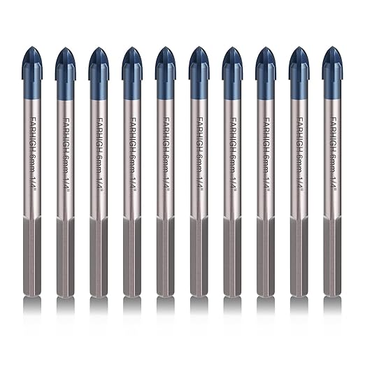 Glass and Tile Drill Bit Set, Ti & Tungsten Carbide Tipped Drill Bit, 6mm (1/4 Inch), 10 Pack, for Glass, Tile, Ceramic, Porcelain, Concrete