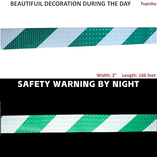 Reflective Tape Green and White 2 inch X 166 feet, Outdoor Waterproof Hazard Conspicuity Warning Industrial Marking Tape