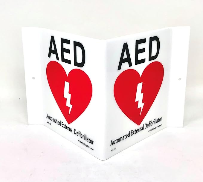 9" Width x 6" Height x 4" Depth Acrylic, Black/Red on White Standard AED "V" Sign