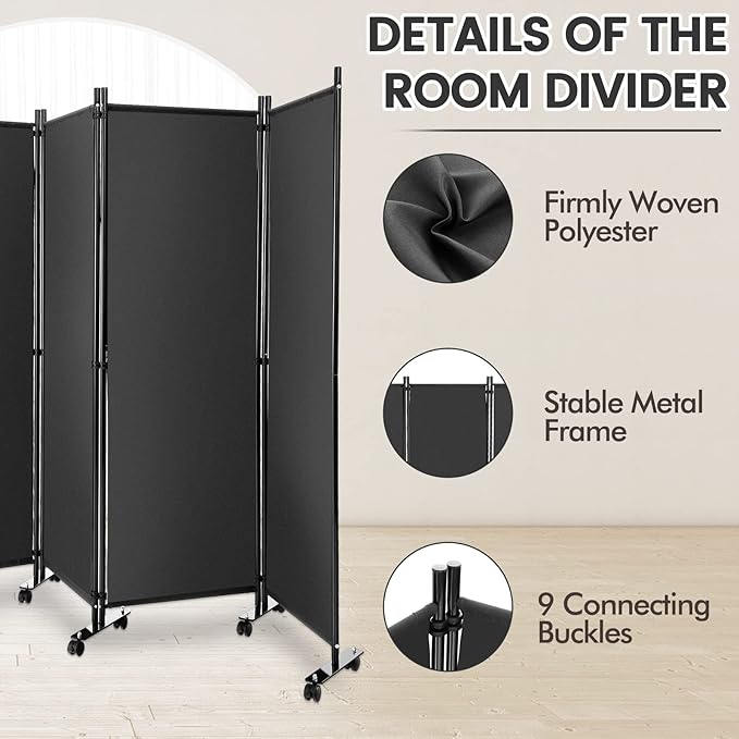 Giantex 4 Panel Room Divider, Folding Privacy Screen with Lockable Wheels, Rolling Partition Room Dividers, Freestanding Fabric Wall Divider for Home Office Studio Separation, 89''W x 68''H, Gray
